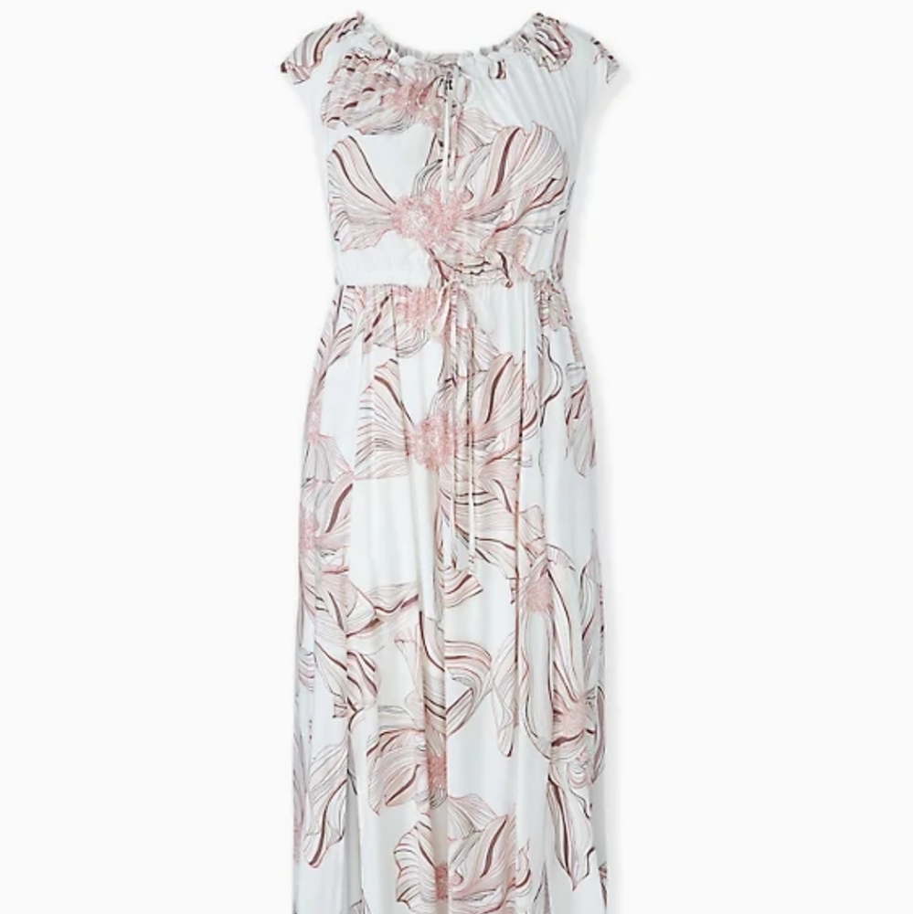 White Floral Challis Drawstring Maxi Dress